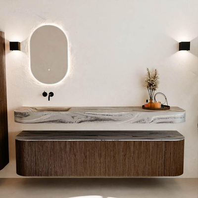 MONDIAZ THOR-DLUX 190cm badmeubel ronding links + rechts kleur Walnut met 2 lades en 2 deuren. Vrijhangende wastafel CLOUD Links zonder kraangat kleur Sombra.