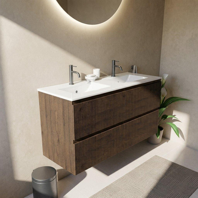 Saniclass Holz Atelier Ensemble de meubles de salle de bains - 120x45x62cm - lavabo Vygo en céramique blanc - 2 vasques - 2 trous de robinet - 2 tiroirs - chêne charcoal mat (bois)