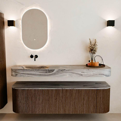 MONDIAZ THOR-DLUX 160cm badmeubel ronding links + rechts kleur Walnut met 1 lade en 2 deuren. Vrijhangende wastafel CLOUD Links zonder kraangat kleur Sombra.