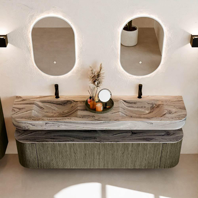 MONDIAZ THOR-DLUX Meuble de salle de bains 190cm arrondi gauche + droite couleur Shadow avec 2 tiroirs et 2 portes. Vasque suspendue CLOUD Double 2 trous de robinet couleur Sombra.