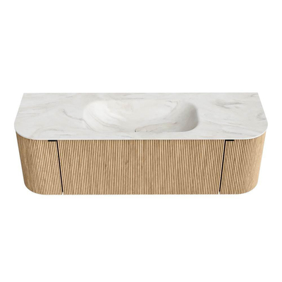 MONDIAZ KURVE-DLUX 140cm badmeubel met module 25 Len R kleur Oak met 1 lade en 2 deuren. Wastafel BIG SMALL midden 1 kraangat kleur Ostra.