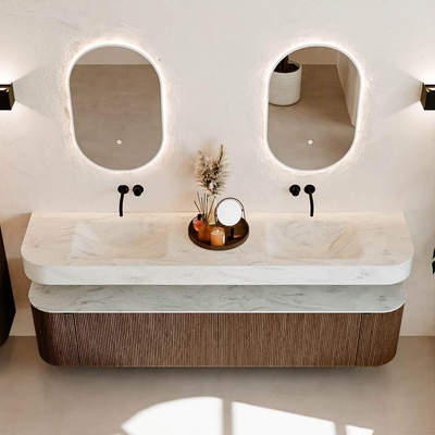 MONDIAZ THOR-DLUX 200cm meuble de salle de bains arrondi gauche + droite couleur Walnut avec 2 tiroirs et 2 portes. Vasque suspendue CLOUD Double sans trou de robinet couleur Opalo.