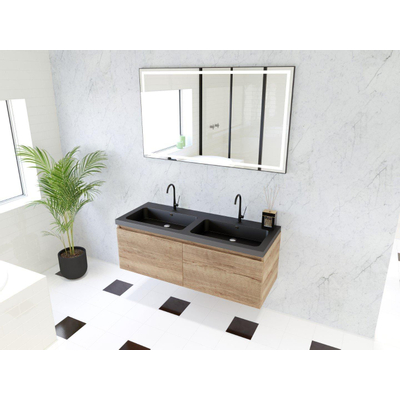 HR Matrix ensemble meuble de salle de bain 3d 120cm 2 tiroirs sans poignée avec bandeau poignée couleur chêne français avec vasque djazz double 2 robinets noir mat