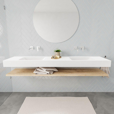 MONDIAZ ALAN 200cm - Ensemble meuble de salle de bains - tablette - chêne blanchi - lavabo suspendu - 2 vasques - 0 trous de robinet - talc