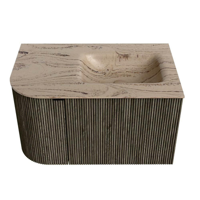 MONDIAZ KURVE-DLUX meuble de salle de bains 75 cm arrondi à gauche couleur Shadow avec 1 tiroir et 1 porte. Lavabo GRUNNE à droite sans trou de robinet Arena.