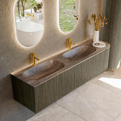 MONDIAZ KURVE-DLUX 175cm meuble de salle de bains arrondi Droite couleur Shadow avec 2 tiroirs et 1 porte. Lavabo STOR SMALL Double / Gauche 2 trous de robinet Oza.