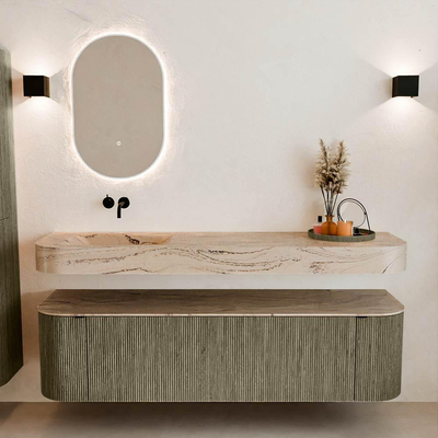 MONDIAZ THOR-DLUX Meuble de salle de bains - 170cm - arrondi gauche + droite - couleur Shadow - 1 tiroir - 2 portes - Vasque suspendue CLOUD Gauche sans trou de robinet - couleur Arena