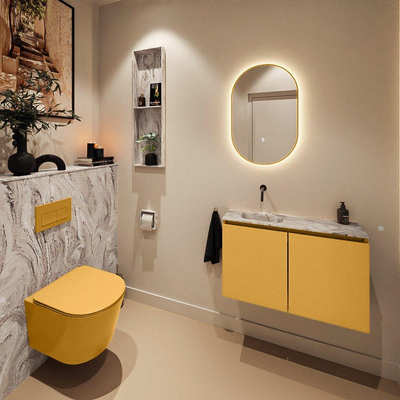 MONDIAZ TURE-DLUX meuble WC 80 cm Ocher. EDEN lavabo Glace position gauche. Sans trou de robinet.