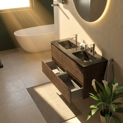 Saniclass Holz Pure Ensemble de meubles de salle de bains - 120x45x62cm - lavabo Vygo en céramique noir - 2 vasques - 2 trous de robinet - 4 tiroirs - chêne charcoal mat (bois)