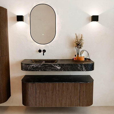 MONDIAZ THOR-DLUX 120cm badmeubel ronding links + rechts kleur Walnut met 1 lade en 2 deuren. Vrijhangende wastafel CLOUD Links zonder kraangat kleur Lava.