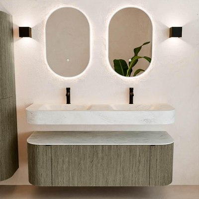 MONDIAZ THOR-DLUX 140cm meuble de salle de bains arrondi gauche + droite couleur Shadow avec 1 tiroir et 2 portes. Vasque suspendue CLOUD Double 2 trous de robinet couleur Opalo.