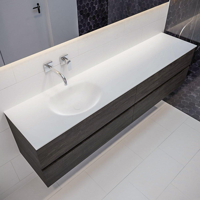 MONDIAZ VICA Ensemble de meuble salle de bain - 200cm - 4 tiroirs - lavabo Moon gauche - 0 trous de robinet - solid surface marron foncé