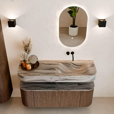 MONDIAZ THOR-DLUX 130cm badmeubel ronding links + rechts kleur Walnut met 1 lade en 2 deuren. Vrijhangende wastafel CLOUD Rechts zonder kraangat kleur Sombra.