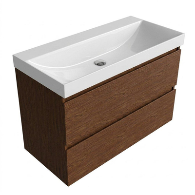 Saniclass Holz Pure Ensemble meuble de salle de bains - 100x45x67.5cm - lavabo Wave en céramique - 1 vasque - sans trou de robinet - 2 tiroirs - walnut pure mat (bois)