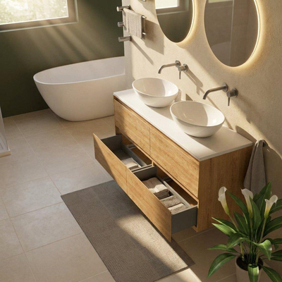 Saniclass Holz Pure Ensemble de meuble de salle de bains - 140x45x62.5cm - plan de toilette Torino en solid surface blanc - sans trou de robinet - 4 tiroirs - chêne natural mat (bois)