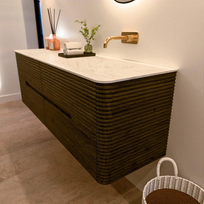 Mondiaz CIRO-DLUX Meuble de salle de bains - 150x45x50cm - plan-vasque en solid surface Opalo - 1 vasque à droite - sans trous de robinetterie - 4 tiroirs - Shadow