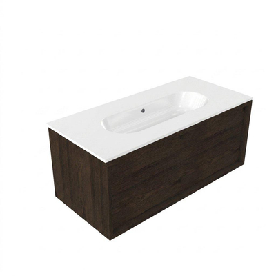 Saniclass Holz Frame Ensemble meuble de salle de bains - 100x45x53.9cm - Lavabo en céramique Chaci blanc - 1 vasque - sans trou de robinet - 1 tiroir - chêne charcoal mat (bois)