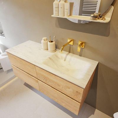 MONDIAZ VICA-DLUX Ensemble meuble de salle de bains - 120cm - meuble bas chêne vieilli - 4 tiroirs - lavabo encastré cloud à droite - sans trous de robinet - version haute 60cm - opalo