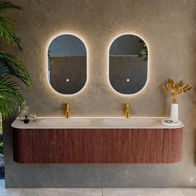 MONDIAZ KURVE-DLUX 190cm meuble de salle de bains arrondi gauche + droite couleur Ruby avec 2 tiroirs et 2 portes. Lavabo STOR SMALL Double 2 trous de robinet Meli.