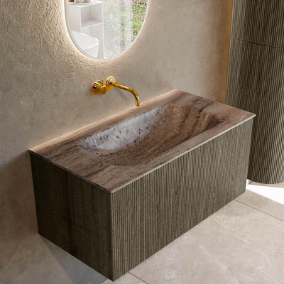 MONDIAZ KURVE-DLUX Meuble de salle de bains 90cm couleur Shadow avec 1 tiroir et 0 porte. Plan-vasque BIG SMALL Central sans trou de robinetterie Oza.