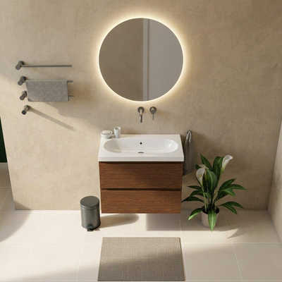 Saniclass Holz Pure Ensemble meuble de salle de bains - 80x45x63.5cm - lavabo en céramique Palermo blanc - 1 vasque - sans trou de robinet - 2 tiroirs - walnut pure mat (bois)
