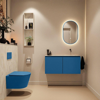 MONDIAZ TURE-DLUX Meuble toilette - 100cm - Jeans - EDEN - vasque Ostra - position droite - sans trou de robinet
