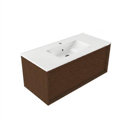 Saniclass Holz Frame Ensemble meuble de salle de bains - 100x45x42cm - Vasque Vygo en céramique blanche - 1 vasque - 1 trou de robinetterie - 1 tiroir - noyer pure mat (bois)