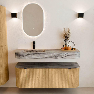 MONDIAZ THOR-DLUX 130cm meuble de salle de bains arrondi gauche + droite couleur Oak avec 1 tiroir et 2 portes. Vasque suspendue CLOUD Gauche 1 trou de robinet couleur Sombra.