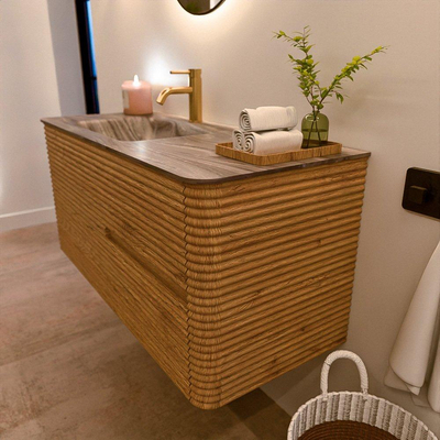 Mondiaz CIRO-DLUX Meuble de salle de bains - 110x45x50cm - Plan vasque solid surface Sombra - 1 vasque à gauche - 1 trou de robinet - 2 tiroirs - Chêne