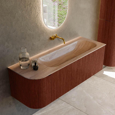 MONDIAZ KURVE-DLUX Meuble de salle de bains 135 cm arrondi à gauche couleur Ruby avec 1 tiroir et 1 porte. Plan vasque BIG MEDIUM à droite sans trou de robinet Saba.