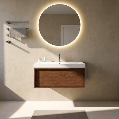 Saniclass Holz Frame Ensemble meuble de salle de bains - 100x45x47.5cm - lavabo Wave en céramique - 1 vasque - 1 trou de robinet - 1 tiroir - noyer pure mat (bois)