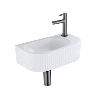 QeramiQ Fuente Ensemble de Lavabo - 40x21.5x12cm - droite - strié - demi-rond - 1 trou de robinet - céramique - ensemble de robinet gunmetal - bouchon de vidange - siphon abaissé - blanc mat