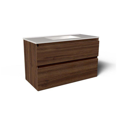 Saniclass Prime Vita Meuble de salle de bain - 100x46x60cm - lavabo en céramique brillant blanc - 1 vasque - sans trou de robinet - 2 tiroirs - noyer