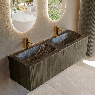 Mondiaz KURVE-DLUX Badkamermeubelset - 140x46x40cm - 2 lade - wastafel solid surface - dubbel - 2 kraangaten - Shadow