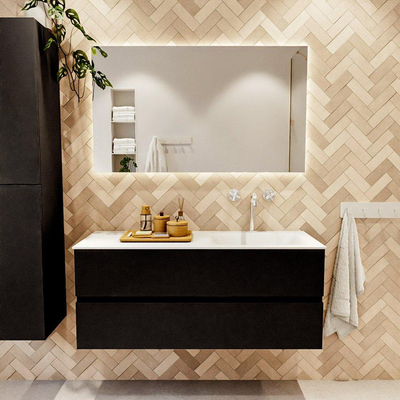 MONDIAZ VICA meuble sous lavabo 120cm Urban 2 tiroirs. Lavabo CLOUD droite 1 trou de robinet, couleur Talc.