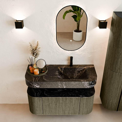 MONDIAZ THOR-DLUX 110cm meuble de salle de bains arrondi gauche + droite couleur Shadow avec 1 tiroir et 2 portes. Vasque suspendue CLOUD Droite 1 trou de robinet couleur Lava.