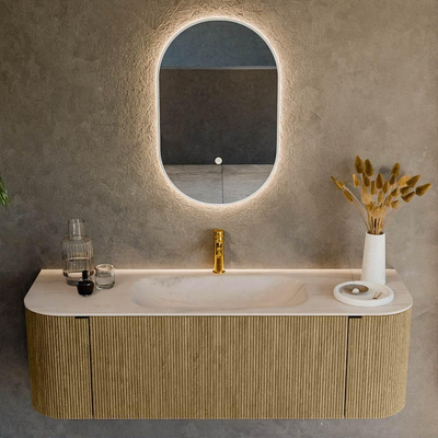 MONDIAZ KURVE-DLUX Meuble de salle de bains 140cm arrondi Gauche + Droite couleur Dusk avec 1 tiroir et 2 portes. Lavabo BIG SMALL Central 1 trou de robinet Meli.