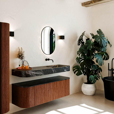 MONDIAZ THOR-DLUX 140cm meuble de salle de bains arrondi gauche + droite couleur Ruby avec 1 tiroir et 2 portes. Vasque suspendue CLOUD Droite sans trou de robinet couleur Lava.