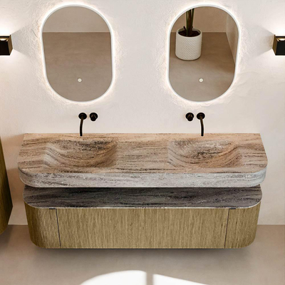 MONDIAZ THOR-DLUX Meuble de salle de bains - 170cm - arrondi gauche + droite - couleur Dusk - 1 tiroir - 2 portes - Vasque suspendue CLOUD Double sans trou de robinet - couleur Oza