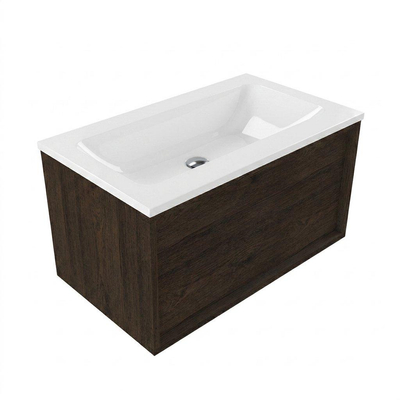 Saniclass Holz Frame Ensemble de meubles de salle de bains - 80x45x57.5cm - lavabo Torino en solid surface blanc - sans trou de robinetterie - 1 tiroir - chêne charcoal mat (bois)