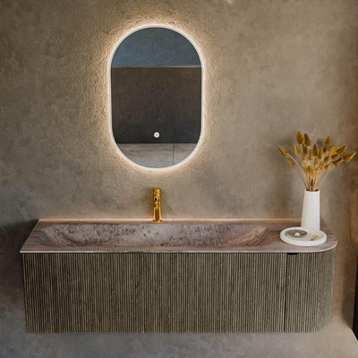 MONDIAZ KURVE-DLUX Meuble de salle de bains 145cm arrondi à droite couleur Shadow avec 1 tiroir et 1 porte. Lavabo BIG LARGE gauche 1 trou de robinet Oza.