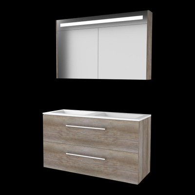 Basic-Line Premium 46 ensemble de meubles de salle de bain 120x46cm avec poignées 2 tiroirs lavabo acrylique 2 trous de robinetterie armoire de toilette éclairage led intégré mfc scotch oak