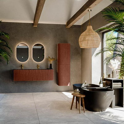 Ensemble de meuble de salle de bain Mondiaz KURVE-DLUX - 145x46x40cm - 1 tiroir - 1 porte - lavabo en solid surface - double / gauche - 2 trous de robinet - Ruby