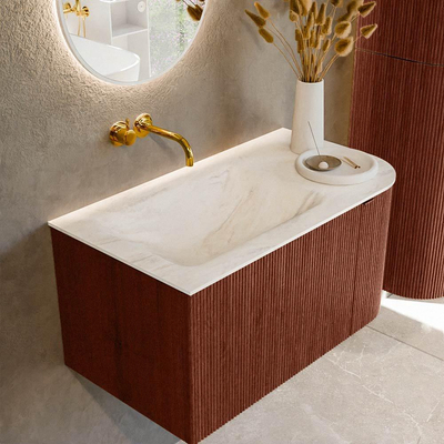 Mondiaz KURVE-DLUX Ensemble meuble de salle de bains - 85x46x40cm - 1 tiroir - 1 porte - lavabo solid surface - gauche - sans trou de robinet - Ruby