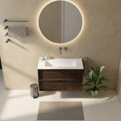 Saniclass Holz Frame Ensemble de meubles de salle de bains - 100x45x77.5cm - lavabo Torino en solid surface blanc - sans trou de robinetterie - 2 tiroirs - chêne charcoal mat (bois)
