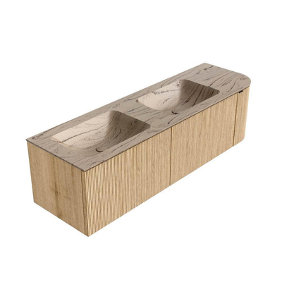 MONDIAZ KURVE-DLUX 155cm meuble de salle de bains arrondi droit couleur chêne avec 2 tiroirs et 1 porte. Lavabo LEAF double / gauche 2 trous de robinet Arena.