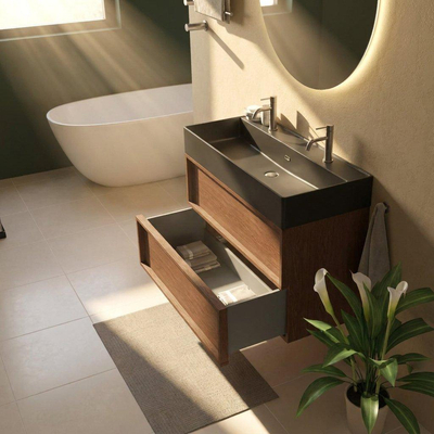 Saniclass Holz Frame Ensemble meuble de salle de bains - 100x45x72cm - Legend lavabo en céramique noir mat - 1 vasque - 2 trous de robinetterie - 2 tiroirs - walnut pure mat (bois)