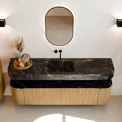 MONDIAZ THOR-DLUX 180cm meuble de salle de bains arrondi gauche + droite couleur Oak avec 2 tiroirs et 2 portes. Vasque suspendue CLOUD Milieu sans trou de robinet couleur Lava.