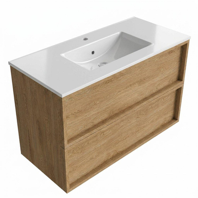 Saniclass Holz Frame Ensemble de meuble de salle de bains - 100x45x62cm - Lavabo Vygo en céramique blanc - 1 vasque - 1 trou de robinetterie - 2 tiroirs - chêne natural mat (bois)