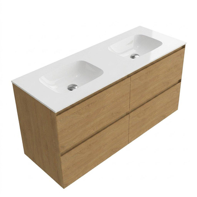 Saniclass Holz Pure Ensemble de meuble de salle de bains - 120x45x61.5cm - lavabo Flow en Solid Surface blanc - 2 vasques - sans trous de robinetterie - 4 tiroirs - chêne natural mat (bois)